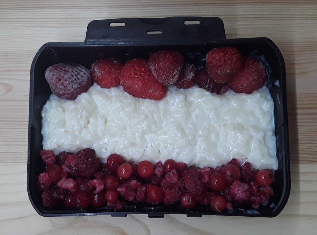 Austria's (NOT Australia;) flag made as a dessert (milk rice and berries: strawberries, red current, raspberries, pomegranate seeds,...) - strawberries were frozen since I made this one during winter...