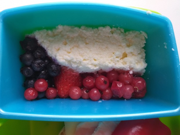 This could pass as a dessert but it's very healthy - berries and cottage cheese with lemon juice.
