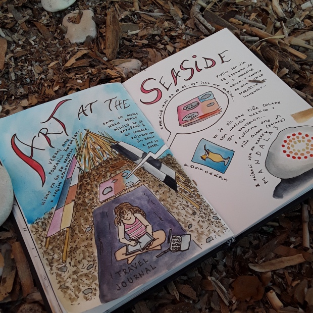 Travel journal page: sketching on the beach, painting on stones, making postcards...