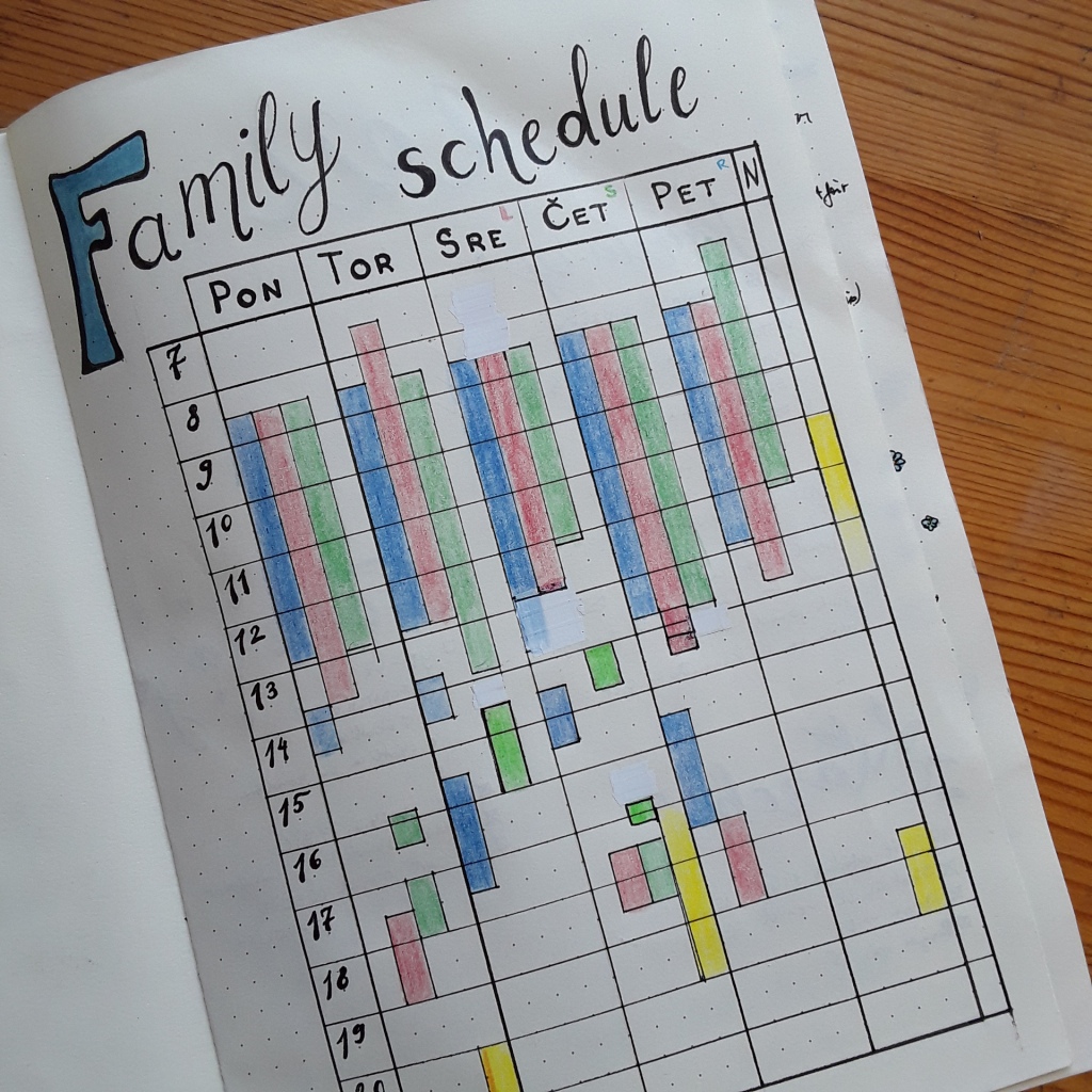 Family schedule with colour coded members of the family is a great idea!