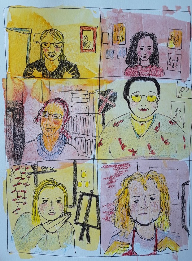 A lesson by Carla Sohnheim - draw faces you see on zoom in little watercolour painted squares.