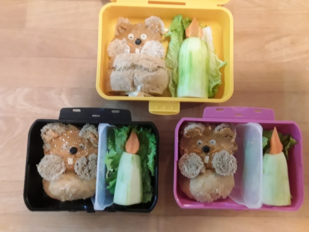 Themed lunches for all three kids for Candlemas/groundhog day.